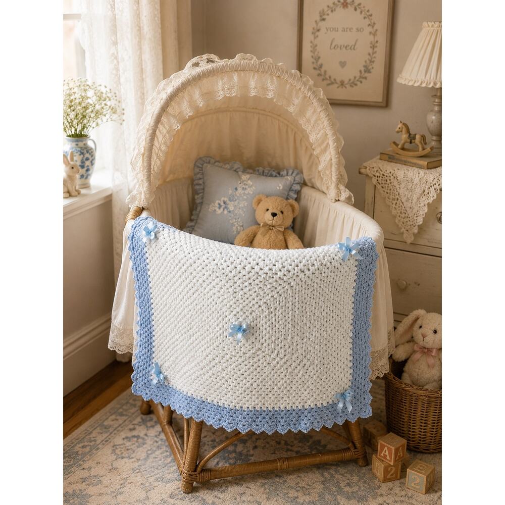 Vintage Handmade Crochet Baby Blanket Blue White Satin Bow Nursery Lovey